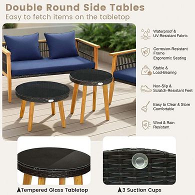 5 Piece Off White Wicker Patio Conversation Set with Dual Tempered Glass Coffee Tables