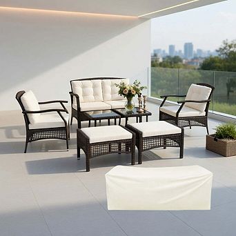 7 pc Red PE Rattan Patio Conversation Set with Zippered Removable Seat Cushions