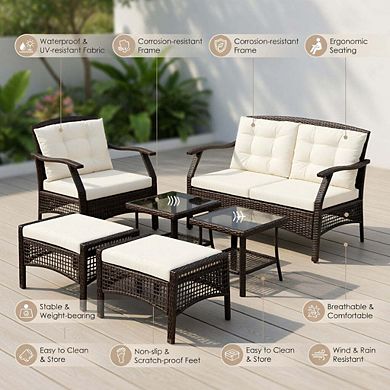 7 Piece Red PE Rattan Patio Conversation Set with Zippered Removable Seat Cushions