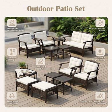7 Piece Red PE Rattan Patio Conversation Set with Zippered Removable Seat Cushions