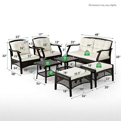 7 Piece Red PE Rattan Patio Conversation Set with Zippered Removable Seat Cushions