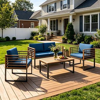 4 pc Navy Acacia Wood Patio Conversation Set with Ottomans & Glass Coffee Table