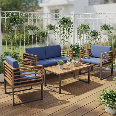 4-Piece Navy Acacia Wood Patio Conversation Set with Ottomans & Glass Coffee Table