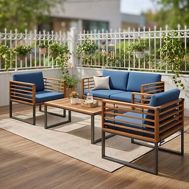 4-Piece Navy Acacia Wood Patio Conversation Set with Ottomans & Glass Coffee Table
