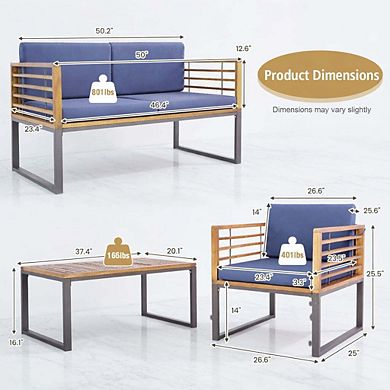 4-Piece Navy Acacia Wood Patio Conversation Set with Ottomans & Glass Coffee Table