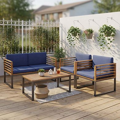 4-Piece Navy Acacia Wood Patio Conversation Set with Ottomans & Glass Coffee Table