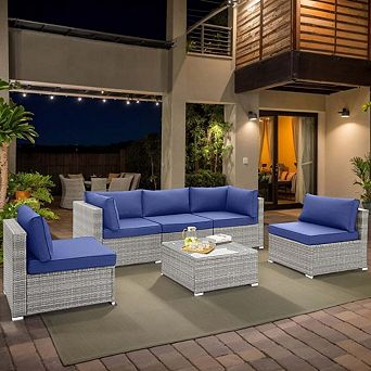 6 pc Black L-Shaped Wicker Patio Sofa Set with Cushions and Tempered Glass Table