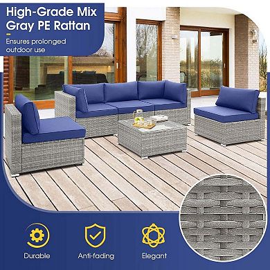 6 Pieces Black L-Shaped Wicker Patio Sofa Set with Cushions and Tempered Glass Table