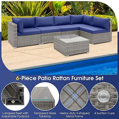 6 Pieces Black L-Shaped Wicker Patio Sofa Set with Cushions and Tempered Glass Table