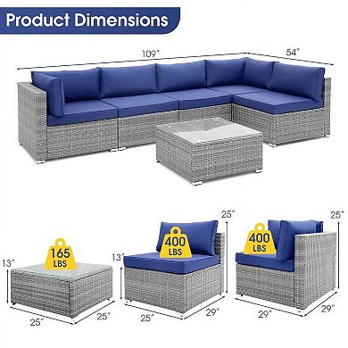 6 Pieces Black L-Shaped Wicker Patio Sofa Set with Cushions and Tempered Glass Table