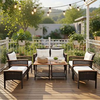 7 pc Acacia Wood PE Rattan Patio Conversation Set with Cushions & Wide Armrests