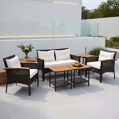 7 Piece Acacia Wood PE Rattan Patio Conversation Set with Cushions & Wide Armrests