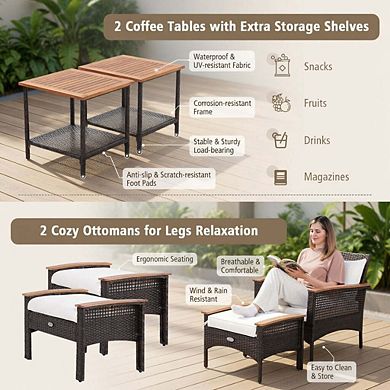 7 Piece Acacia Wood PE Rattan Patio Conversation Set with Cushions & Wide Armrests