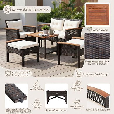 7 Piece Acacia Wood PE Rattan Patio Conversation Set with Cushions & Wide Armrests