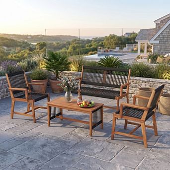 4 pc Acacia Wood Patio Furniture Set with Armchairs and Outdoor Coffee Table