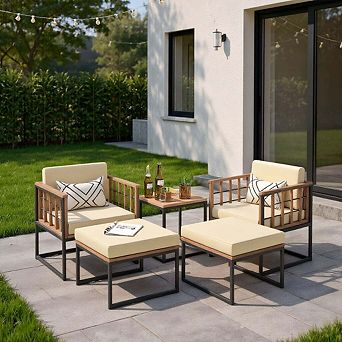 5 pc Beige Acacia Wood Patio Conversation Set with Ottomans and Coffee Table