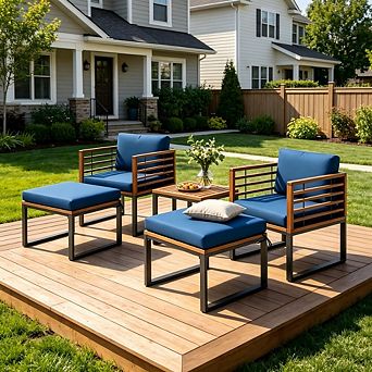 3 pc Navy Acacia Wood Patio Conversation Set with Cushioned Ergonomic Armchairs