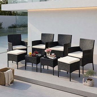 8 pc Rustproof Outdoor Wicker Sofa Set with Coffee Tables and Matching Ottomans