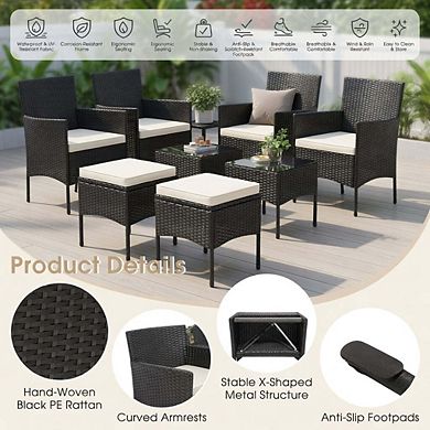 8 Pieces Rustproof Outdoor Wicker Sofa Set with Coffee Tables and Matching Ottomans