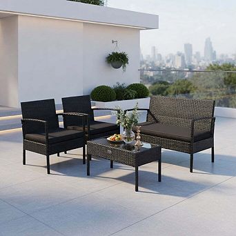 Black PE Rattan Wicker Patio Conversation Set with Cushioned Loveseat & Glass Coffee Table