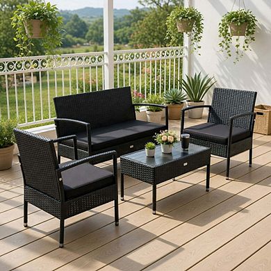 Black PE Rattan Wicker Patio Conversation Set with Cushioned Loveseat & Glass Coffee Table