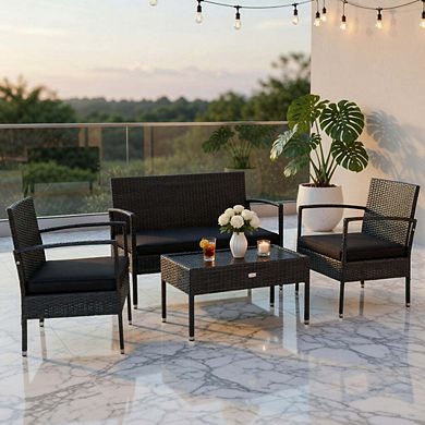 Black PE Rattan Wicker Patio Conversation Set with Cushioned Loveseat & Glass Coffee Table