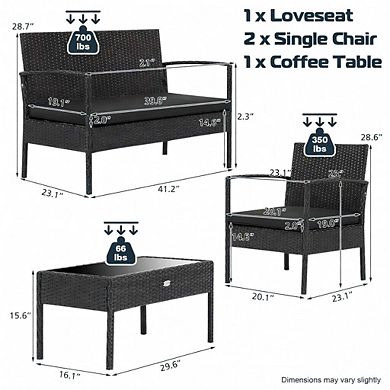 Black PE Rattan Wicker Patio Conversation Set with Cushioned Loveseat & Glass Coffee Table