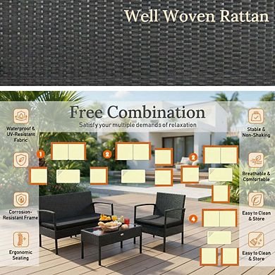 Black PE Rattan Wicker Patio Conversation Set with Cushioned Loveseat & Glass Coffee Table