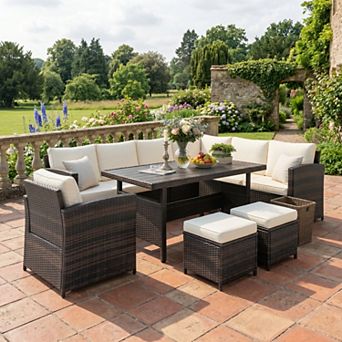 7 pc White All Weather Handwoven Wicker Patio Sectional Conversation Set
