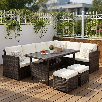 7 Piece White All Weather Handwoven Wicker Patio Sectional Conversation Set
