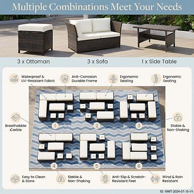 7 Piece White All Weather Handwoven Wicker Patio Sectional Conversation Set