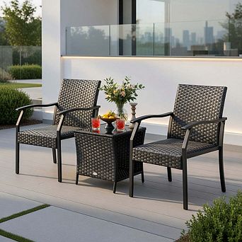 3 pc Cushionless PE Rattan Patio Set, 2 Wicker Chairs & Dual-Tier Tempered Glass Table