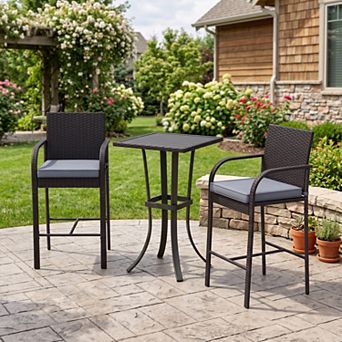 3 pc Black Wicker Rattan Bar Height Patio Set with Chairs and Square Table