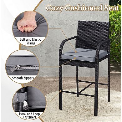 3 Pieces Black Wicker Rattan Bar Height Patio Set with Chairs and Square Table