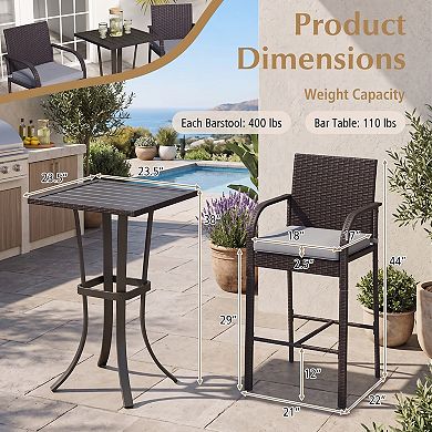3 Pieces Black Wicker Rattan Bar Height Patio Set with Chairs and Square Table