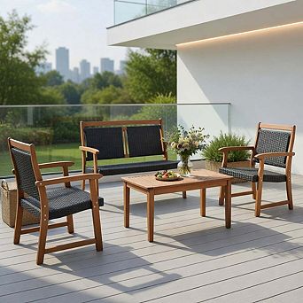 4 pc Acacia Wood Frame PE Rattan Patio Sofa Bistro Conversation Set