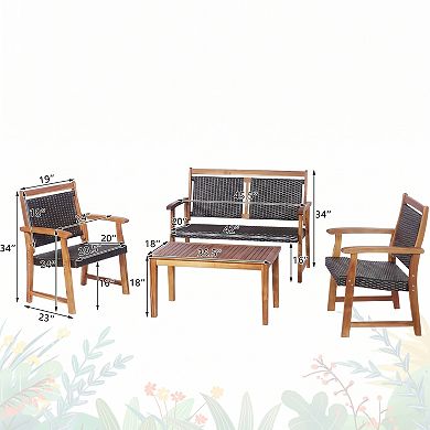 4 Piece Acacia Wood Frame PE Rattan Patio Sofa Bistro Conversation Set