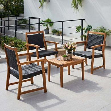 4 Piece Acacia Wood Frame PE Rattan Patio Sofa Bistro Conversation Set