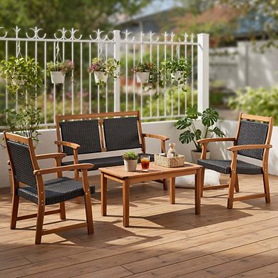 4 Piece Acacia Wood Frame PE Rattan Patio Sofa Bistro Conversation Set
