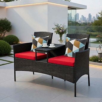 Red Rattan Patio Bistro Set with Built-in Coffee Table & Cushions for Balcony Yard
