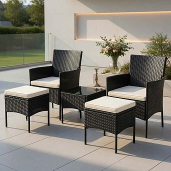 5 pc Wicker Patio Conversation Set with Soft Cushions & Tempered Glass Tabletop