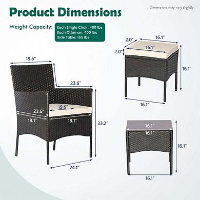5 Piece Wicker Patio Conversation Set with Soft Cushions & Tempered Glass Tabletop