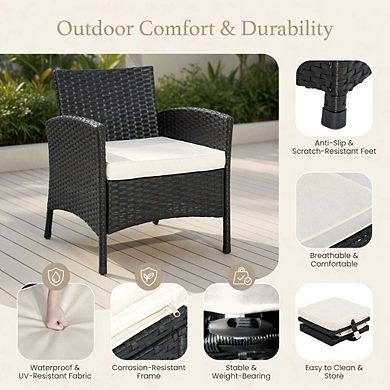 5 Piece Wicker Patio Conversation Set with Soft Cushions & Tempered Glass Tabletop