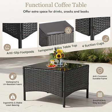 5 Piece Wicker Patio Conversation Set with Soft Cushions & Tempered Glass Tabletop