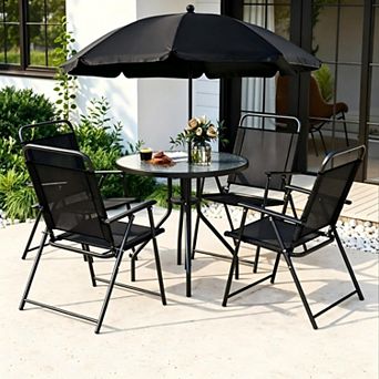 6 pc All Weather Patio Dining Set with Umbrella and Stackable Cushioned Outdoor Chairs