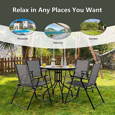 6 Pieces All Weather Patio Dining Set with Umbrella and Stackable Cushioned Outdoor Chairs