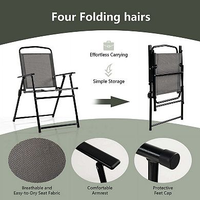 6 Pieces All Weather Patio Dining Set with Umbrella and Stackable Cushioned Outdoor Chairs