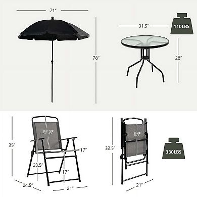6 Pieces All Weather Patio Dining Set with Umbrella and Stackable Cushioned Outdoor Chairs
