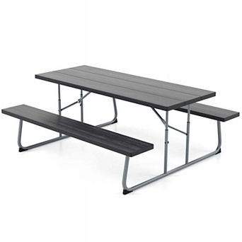 Black Folding Picnic Table Set with Metal Frame, HDPE Tabletop and Umbrella Hole for Outdoor Use