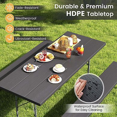 Black Folding Picnic Table Set with Metal Frame, HDPE Tabletop and Umbrella Hole for Outdoor Use